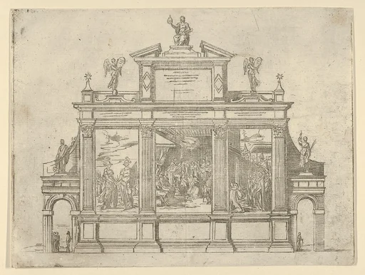 Façade of a triumphal monument with three scenes depicting deeds of Pope Clement VIII, a temporary decoration for the entry of Pope Clement VIII in Bologna in 1598