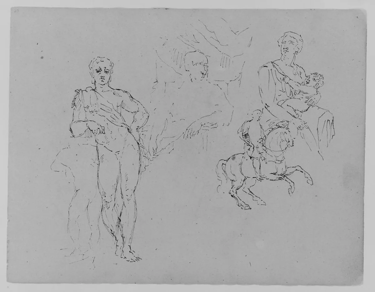 Unfinished Standing Classical Male Nude; Cardinal Bentivoglio after Van Dyke; Mother and Child; Equestrian Figure (from Sketchbook) — Thomas Sully
