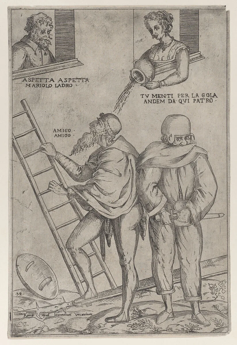 A man climbs a ladder while a woman throws water on him from above — Giovanni Ambrogio Brambilla