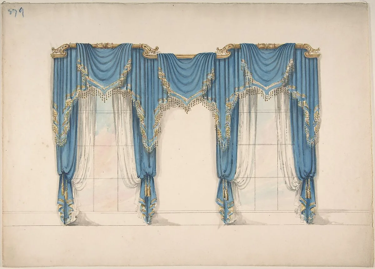 Design for Blue Curtains with Gold Fringes and Pediments — Anonymous, British, 19th century