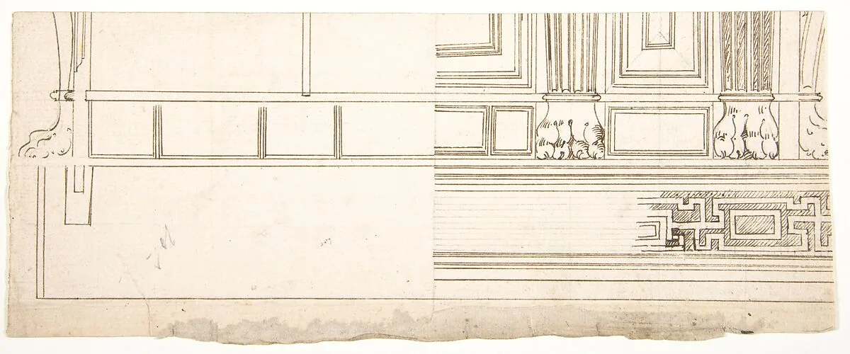 Unidentified building, elevation and section elevation (recto) Corinthian column base, elevation (verso) — Anonymous, French, 16th century