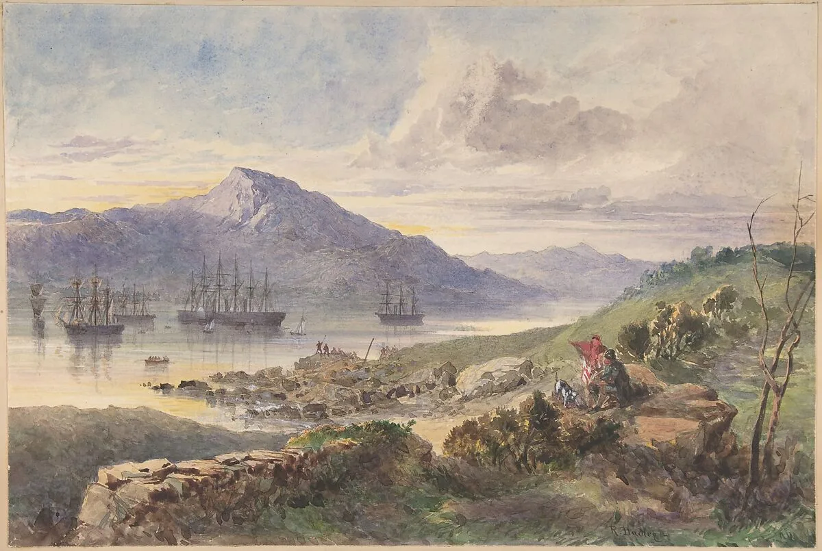 The Heights over Foilhummerum Bay, Valentia, the William Corey Heading Seawards, Laying the Shore-end of the Atlantic Telegraph Cable, July 7th, 1866 — Robert Charles Dudley