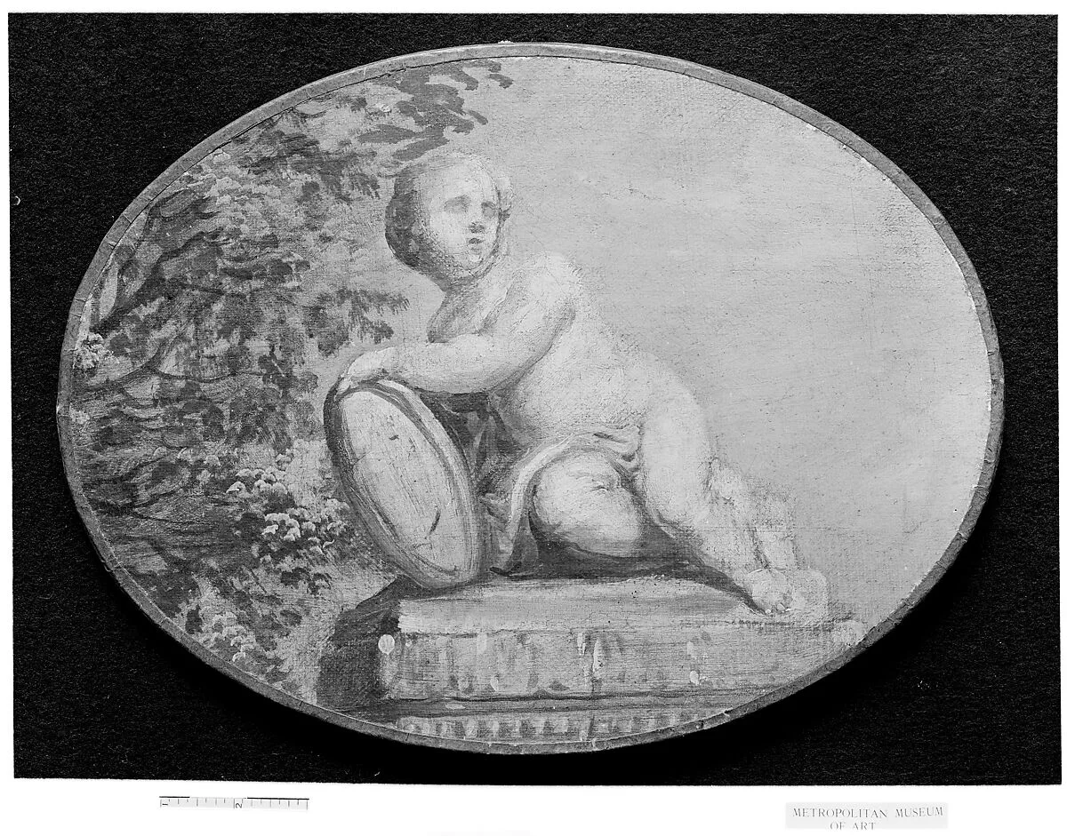 Putto on a pedestal against background of verdure — French Painter