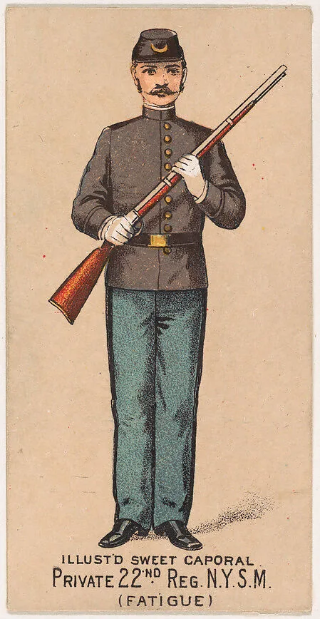 Fatigue Dress, Private, 22nd Regiment, New York State Militia, from the Military Series (N224) issued by Kinney Tobacco Company to promote Sweet Caporal Cigarettes — Kinney Brothers Tobacco Company
