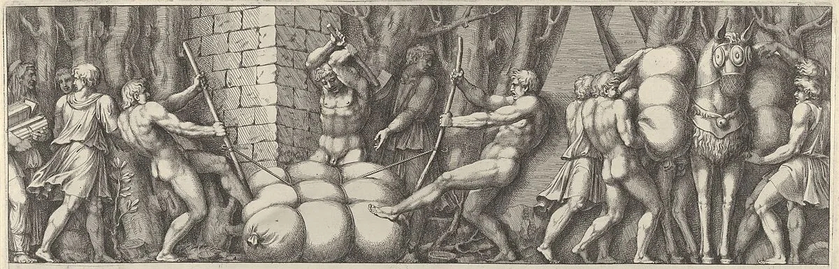 Plate 2: various figures carrying out tasks that include tying a sack and loading a horse — Pietro Santi Bartoli|Polidoro da Caravaggio|Giovanni Giacomo De Rossi