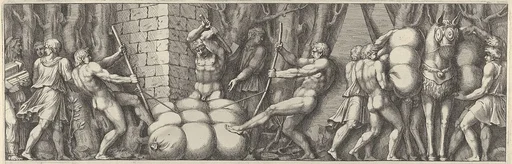 Plate 2: various figures carrying out tasks that include tying a sack and loading a horse
