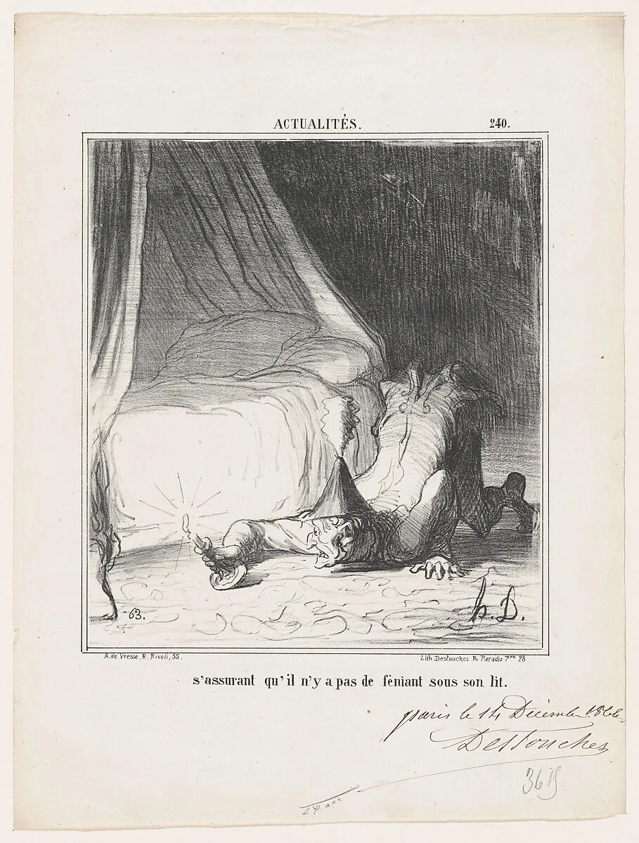 Making sure that there is no Fenian under his bed, from 'News of the day,' published in Le Charivari, December 21, 1866 — Destouches|Arnaud de Vresse|Honoré Daumier