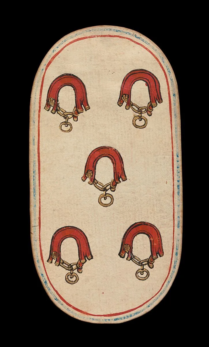 5 of Collars, from The Cloisters Playing Cards — Unknown