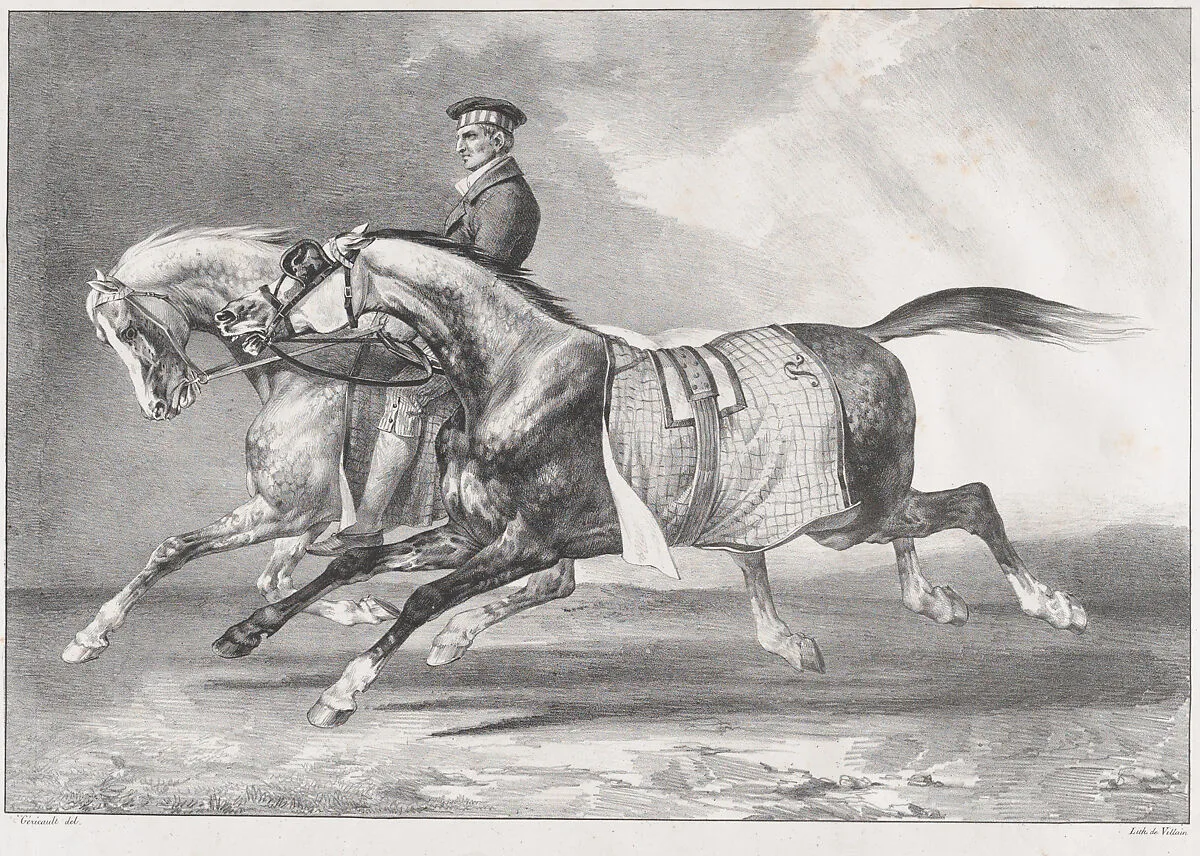Two Dappled-Grey Horses Being Exercised — Théodore Gericault