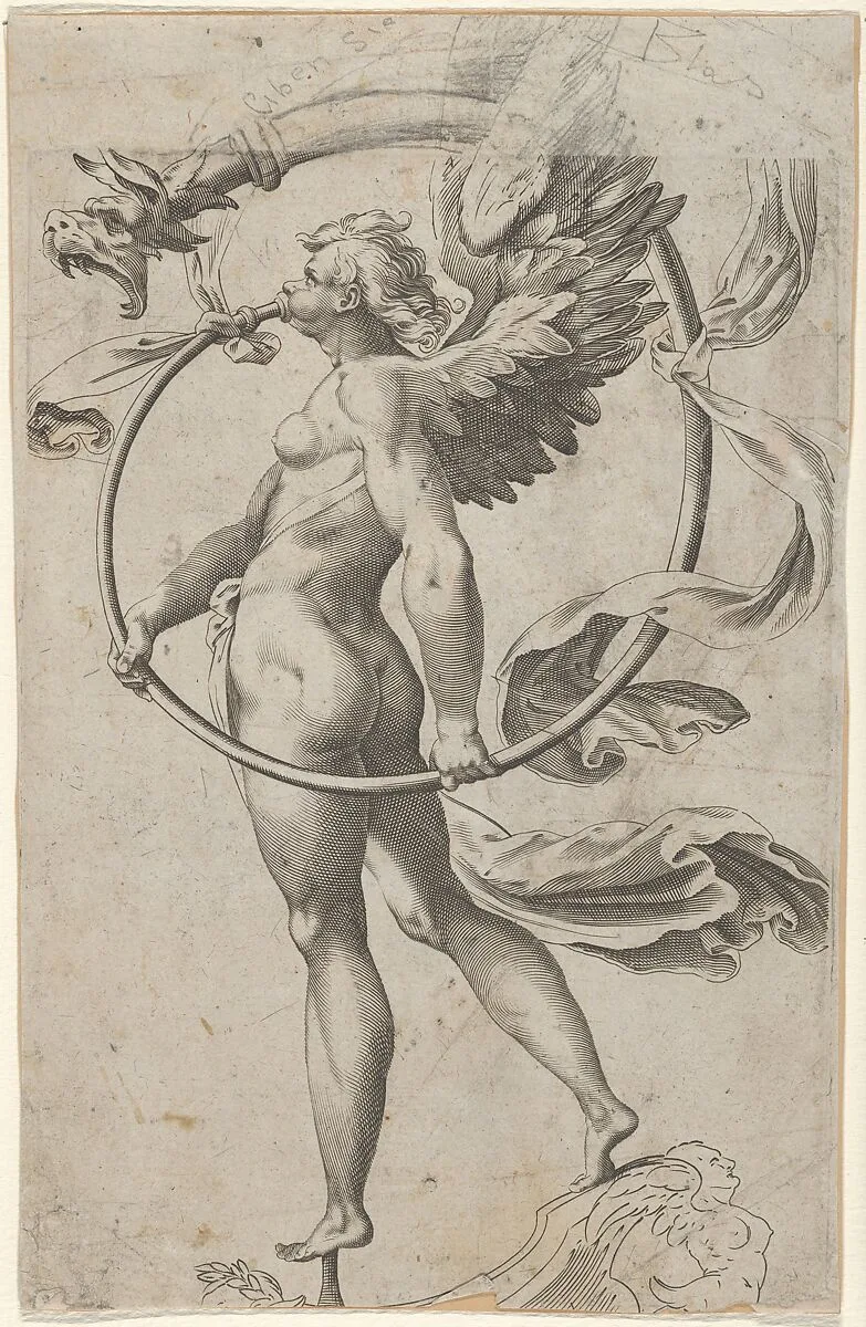 A winged figure of Fame standing facing left and sounding a trumpet — Cherubino Alberti (Zaccaria Mattia)