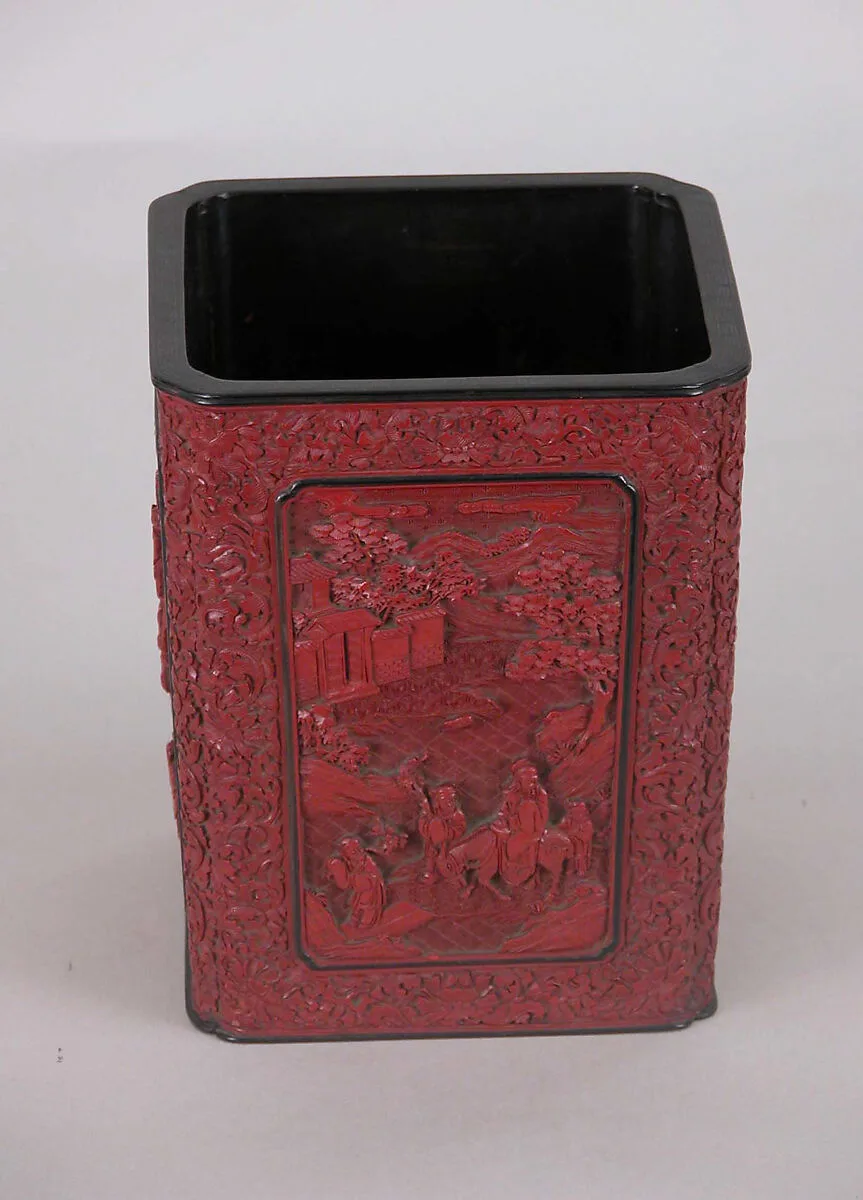 清中期 剔紅高士圖筆筒|Brush holder with scholars — Unknown