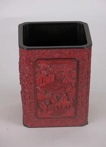 清中期    剔紅高士圖筆筒|Brush holder with scholars