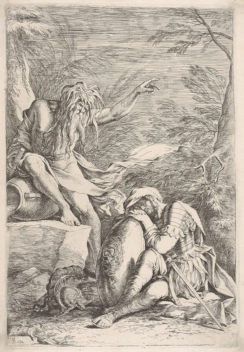 Dream of Aeneas, Aeneas rests on his shield, while the river god Tiber points upward — Salvator Rosa