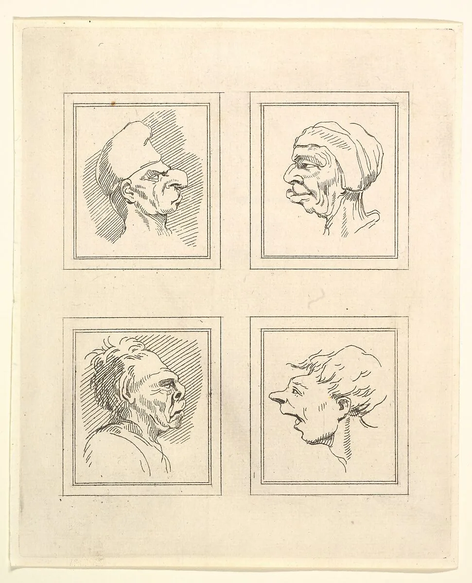 Four Heads (from Characaturas by Leonardo da Vinci, from Drawings by Wenceslaus Hollar, out of the Portland Museum) — John Clarke|Wenceslaus Hollar|Leonardo da Vinci