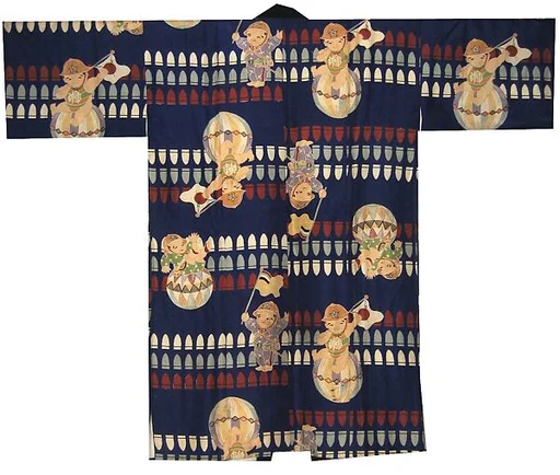 藍地手鞠模様子供用着物|Boy’s Kimono with Lucky Thread Balls (Temari) and Bullets