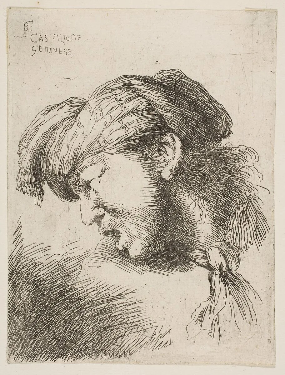 Man wearing a turban, a tie fastened around his neck, facing left, from "Small Heads in Oriental Headdress" — Giovanni Benedetto Castiglione (Il Grechetto)