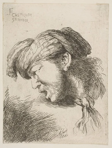 Man wearing a turban, a tie fastened around his neck, facing left, from "Small Heads in Oriental Headdress"