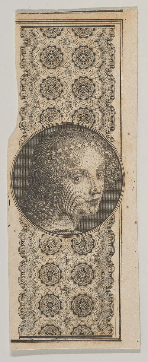 Banknote motif with a girl's head derived from Leonardo da Vinci against a patterned band — Asher Brown Durand|A. B. & C. Durand & Company|Durand, Perkins, and Company|Cyrus Durand|Leonardo da Vinci