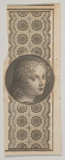 Banknote motif with a girl's head derived from Leonardo da Vinci against a patterned band