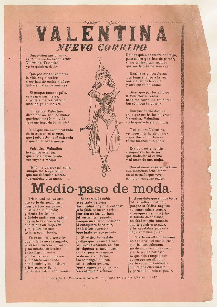 Broadsheet with two narrative love ballads, woman wearing a costume consisting of a leotard,cape, and boots — José Guadalupe Posada|Antonio Vanegas Arroyo