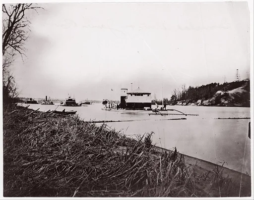 Ironclad fleet on James River below Rebel "Howlett House Battery"