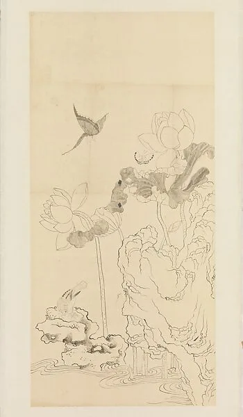 現代 謝稚柳 臨陳洪綬蛺蝶蓮石圖 鏡片|Butterflies, Bird, Lotus, and Rock, after Chen Hongshou — Xie Zhiliu