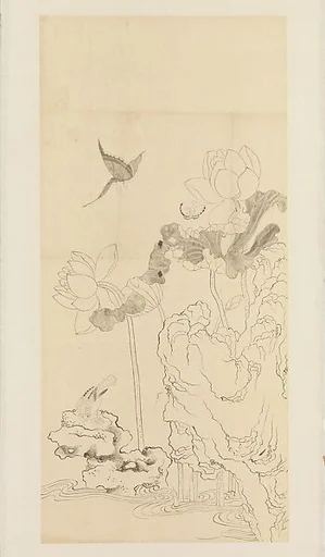 現代 謝稚柳 臨陳洪綬蛺蝶蓮石圖 鏡片|Butterflies, Bird, Lotus, and Rock, after Chen Hongshou