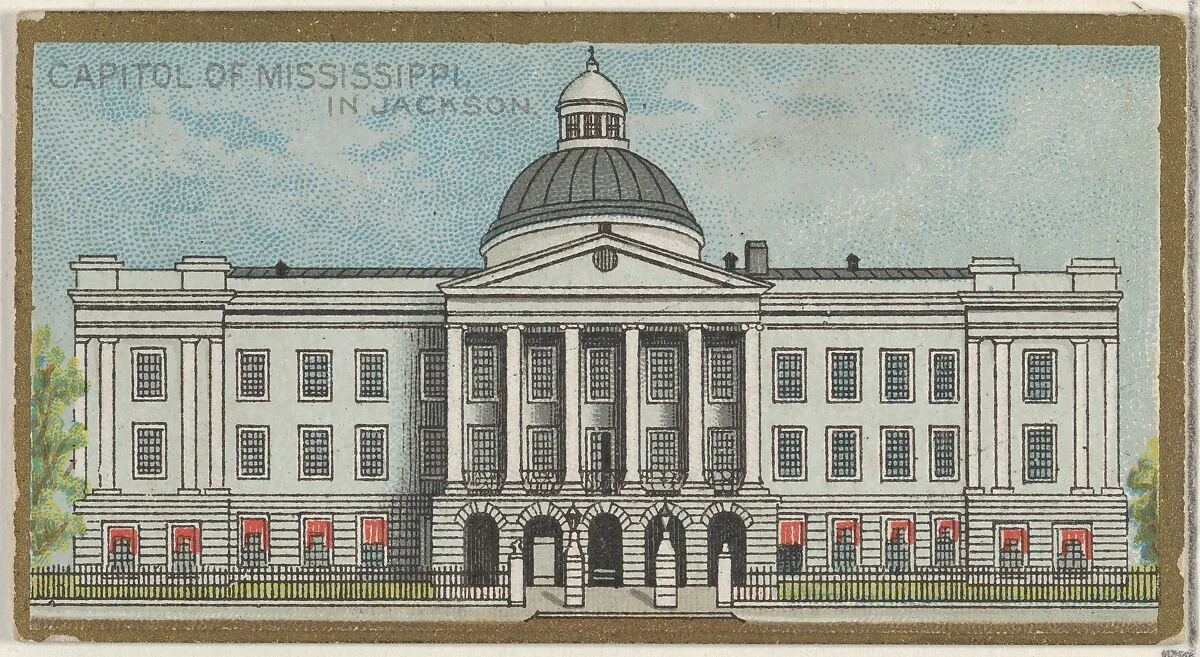 Capitol of Mississippi in Jackson, from the General Government and State Capitol Buildings series (N14) for Allen & Ginter Cigarettes Brands — Allen & Ginter|The Gast Lithograph & Engraving Company