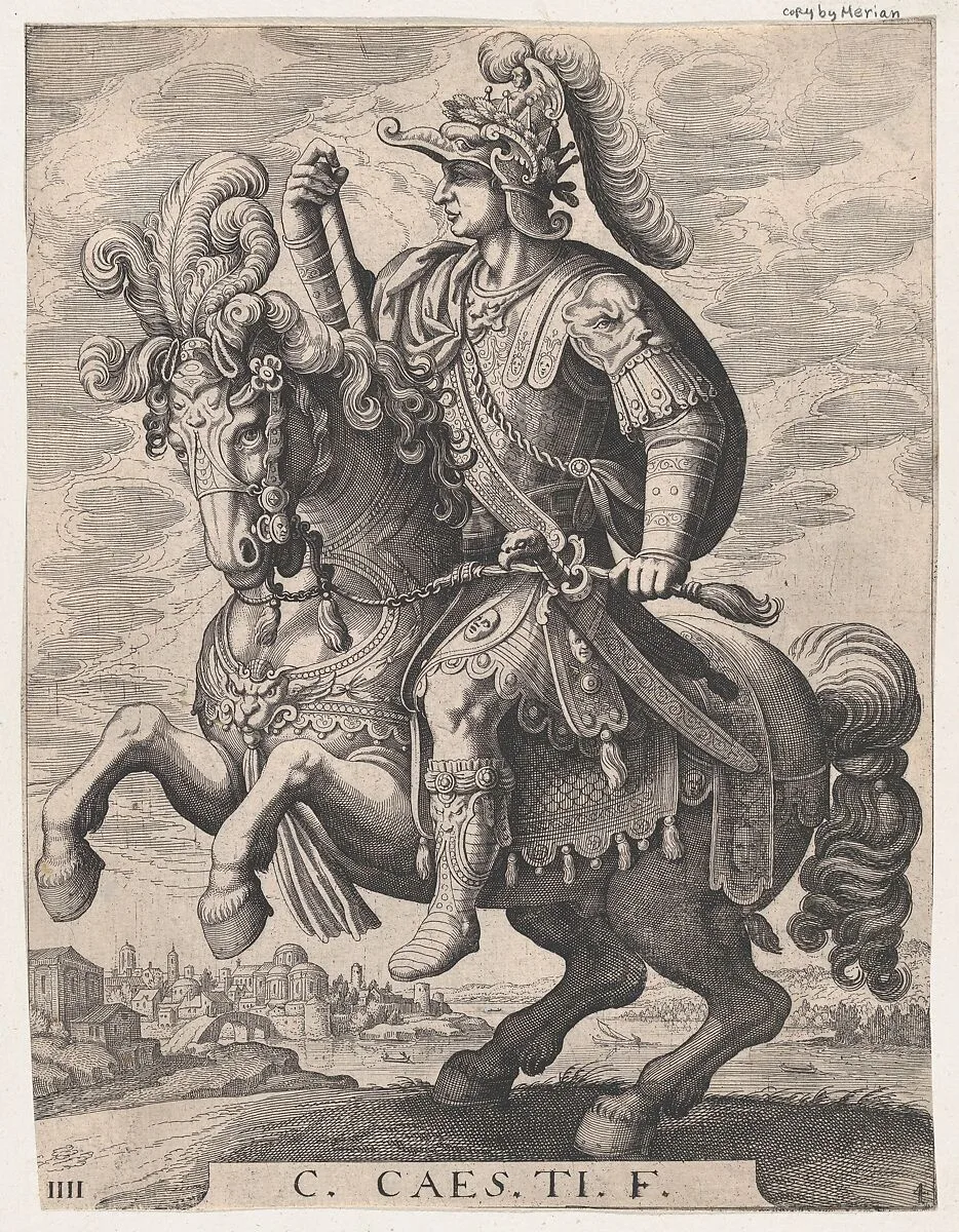 Plate 4: Emperor Gaius on Horseback, from 'The First Twelve Roman Caesars', after Tempesta — Antonio Tempesta|Matthäus Merian the Elder