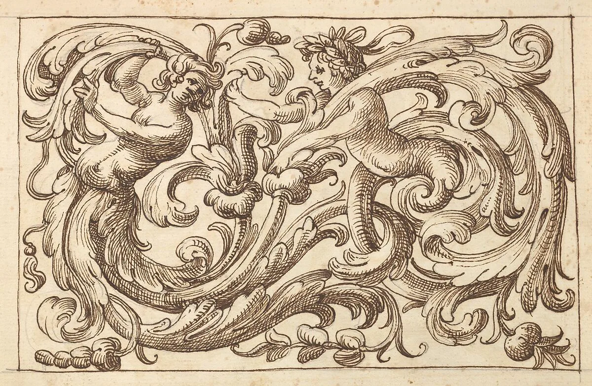 Horizontal Panel Design with Two Young Male Figures Interspersed between Acanthus Rinceaux — Polifilo Giancarli|Anonymous, Italian, Venetian, 17th century