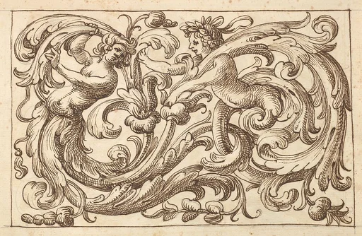 Horizontal Panel Design with Two Young Male Figures Interspersed between Acanthus Rinceaux