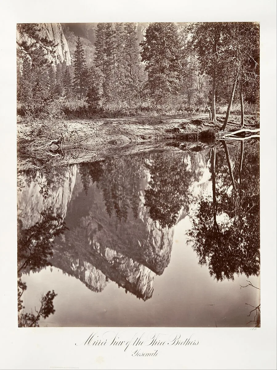 Mirror View of the Three Brothers, Yosemite — Carleton E. Watkins