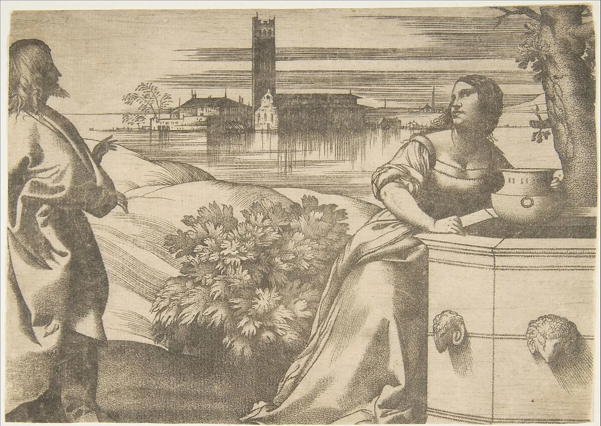 Christ standing at left addressing the Woman of Samaria at right who is standing by a well, lagoon in the background — Giulio Campagnola|Giorgione|Titian (Tiziano Vecellio)|Sebastiano del Piombo (Sebastiano Luciani)