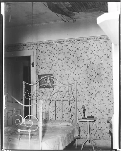 [Bedroom with Hanging Light Fixture, Flower Print Wallpaper, and Decaying Ceiling]
