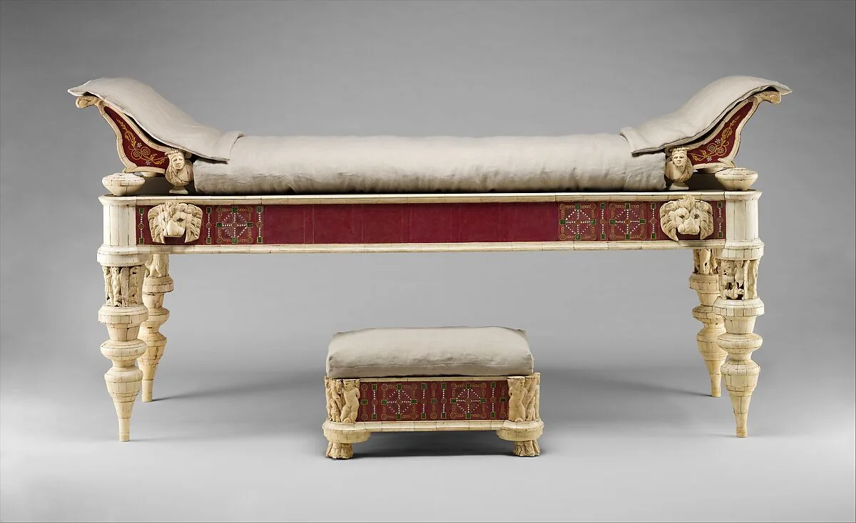 Couch and footstool with bone carvings and glass inlays — Unknown