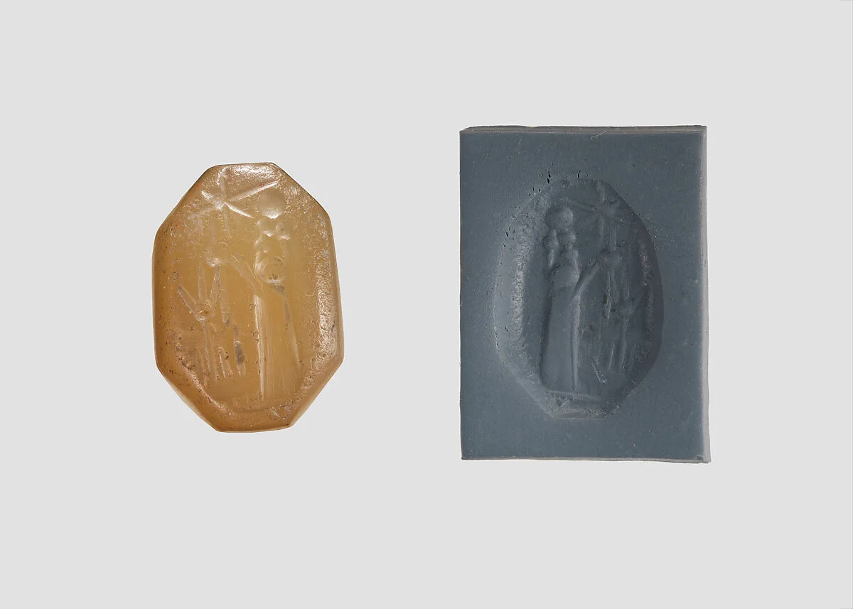 Stamp seal (octagonal pyramid) with cultic scene — Unknown
