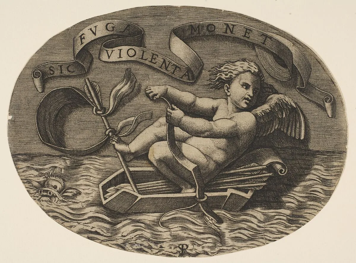 Eros escaping by sea using his bow to propel a boat made from his quiver with an arrow as the mast and his blindfold as the sail, a banderole above — Marco Dente|Raphael (Raffaello Sanzio or Santi)