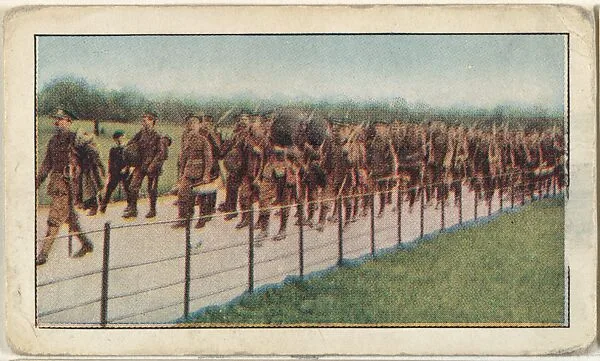 Card No. 99, The Coldstream Guards, the Crack Infantrymen of Great Britain, Passing Through Hyde Park in Heavy Marching Order, on Their Way to Paddington and the Front, from the World War I Scenes series (T121) issued by Sweet Caporal Cigarettes — Underwood & Underwood|American Tobacco Company