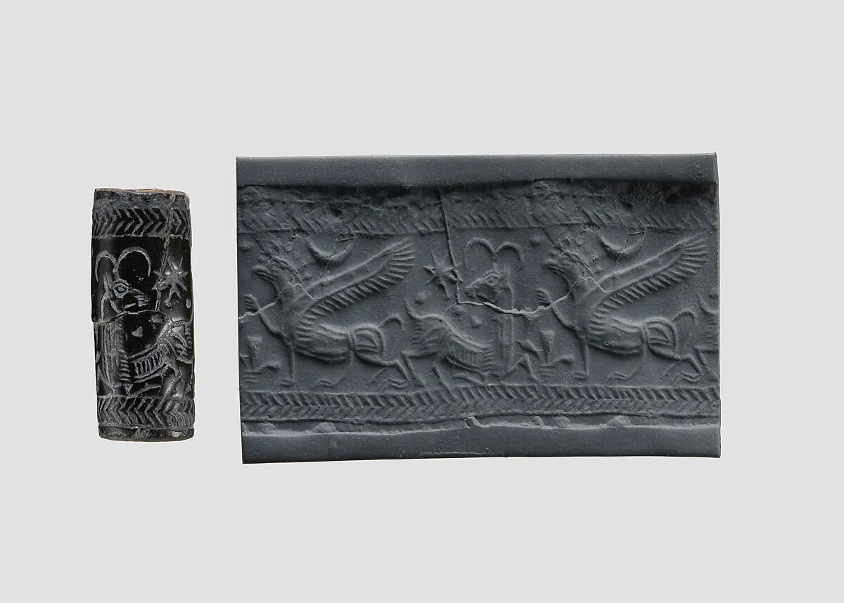 Cylinder seal (with pin preserved) with animal-monster contest scene — Unknown