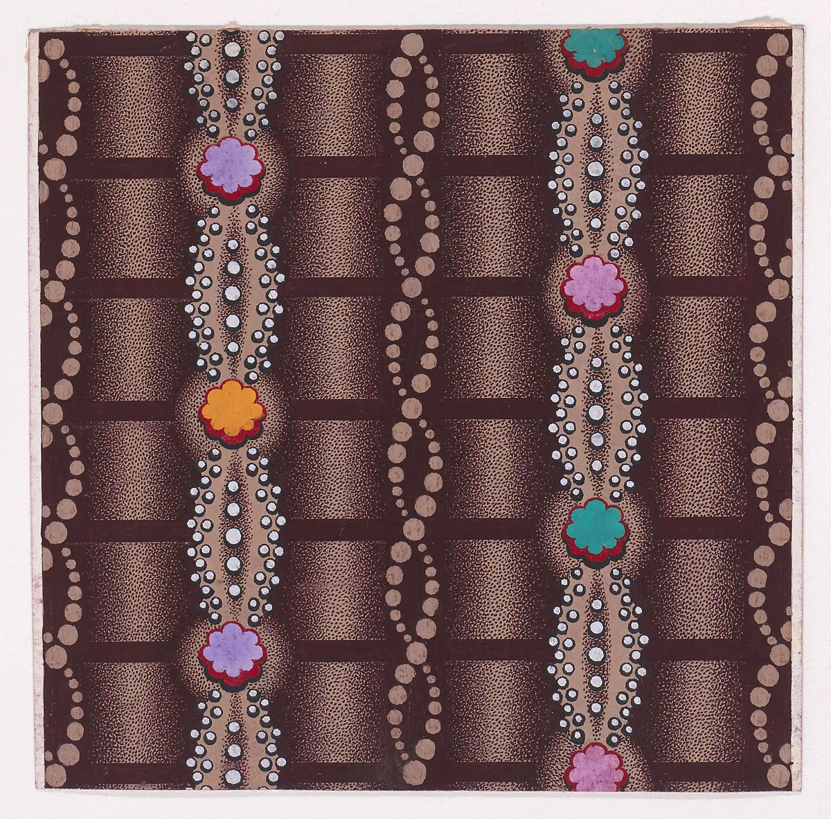 Textile Design with Alternating Vertical Twisting Strips of Dots and Garlands of Pearls and Rosettes over a Striped Background — Anonymous, Alsatian, 19th century