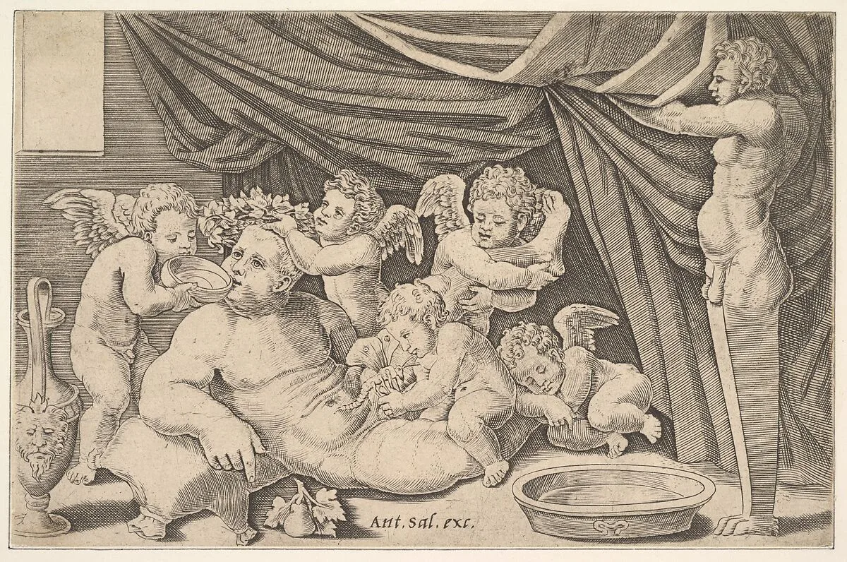 Bacchus surrounded by Putti, a statue of Priapus at right — Master of the Die|Antonio Salamanca