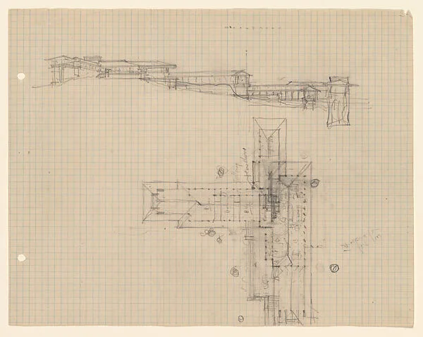 Elevations, perspective and plan for "Concept E", Little House, Wayzata, Minnesota — Frank Lloyd Wright