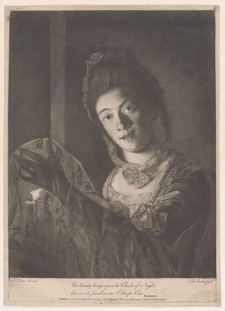 Miss Lydia Hone – "Her beauty hangs on the Cheek of Night, like a rich Jewel in an Ethiop's Ear" — John Raphael Smith|Nathaniel Hone|R. Marshall|Lydia Hone|William Shakespeare