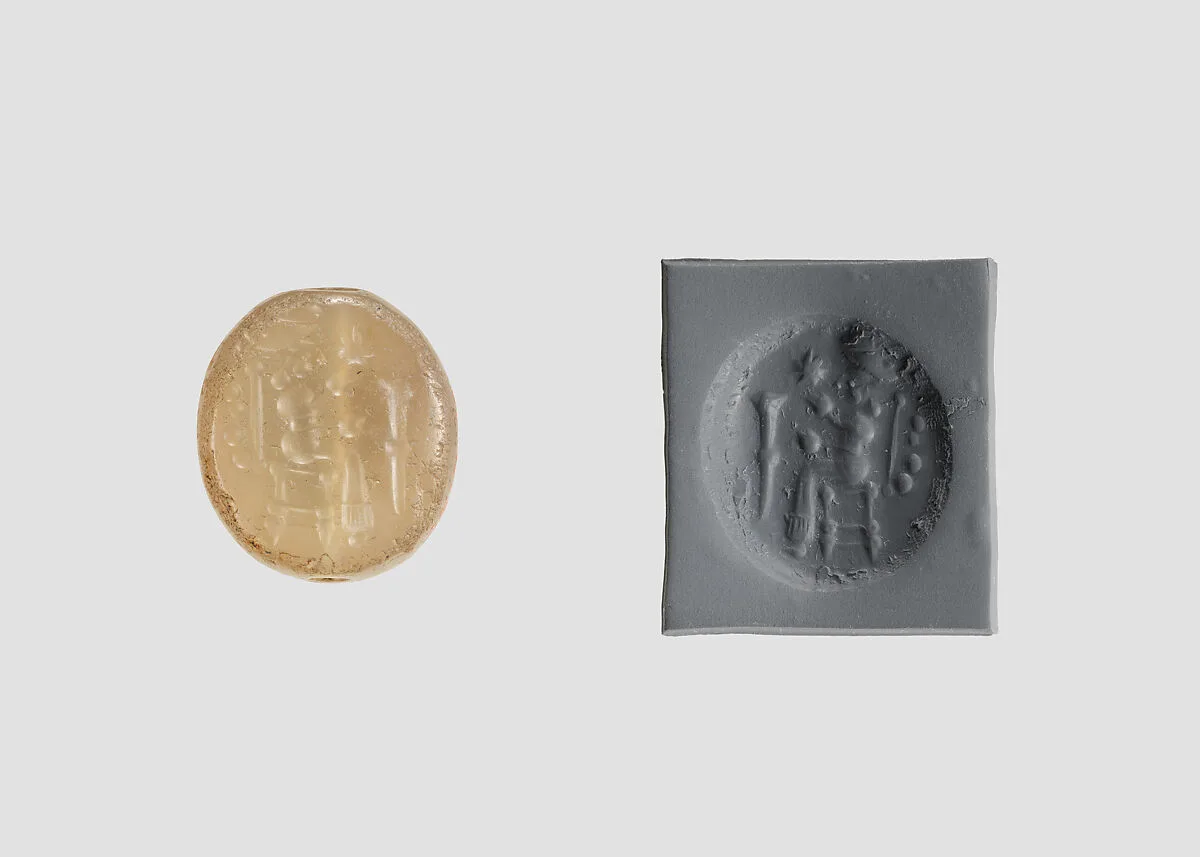 Stamp seal (scaraboid) with deity and divine symbols — Unknown