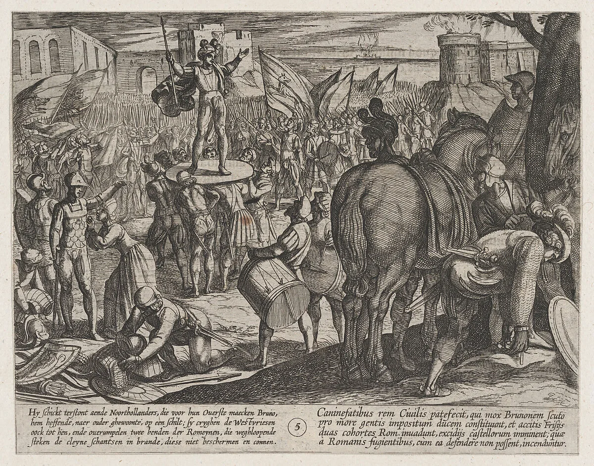 Plate 5: Bruno Appointed Leader of the Caninefates, from The War of the Romans Against the Batavians (Romanorvm et Batavorvm societas) — Antonio Tempesta|Otto van Veen