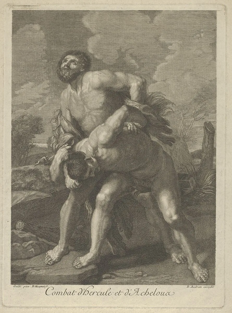 Hercules wearing a lion skin and fighting Achelous, a landscape in the background, after Reni — Guido Reni|Robert Hecquet|Benoît Audran II