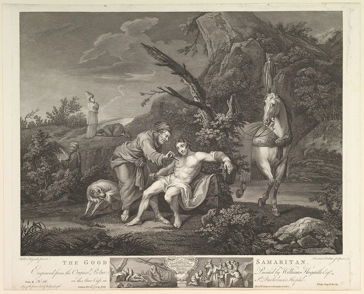 The Good Samaritan (St. Luke, Ch. 10, ver. 30) — Jean Marie Delattre|William Hogarth|Simon Francis Ravenet, the elder|John Boydell