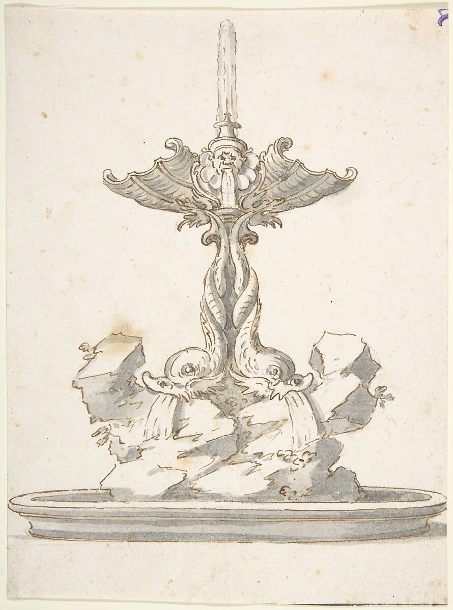 Design for Fountain with Dolphins and Grotesque Head — Anonymous, Italian, Bolognese 18th century artist