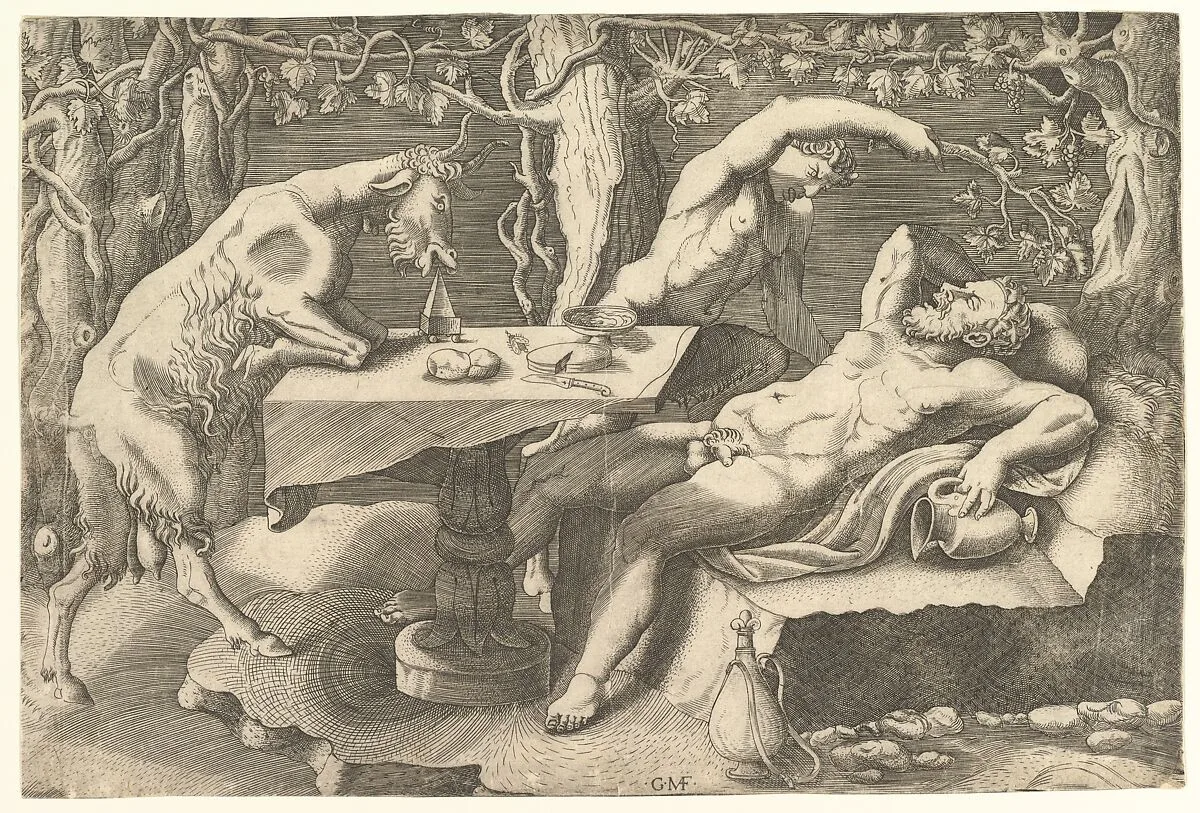 Silenus sleeping at right, taunted by a Satyr, and a Goat climbing on a table at left — Giorgio Ghisi|Giulio Romano