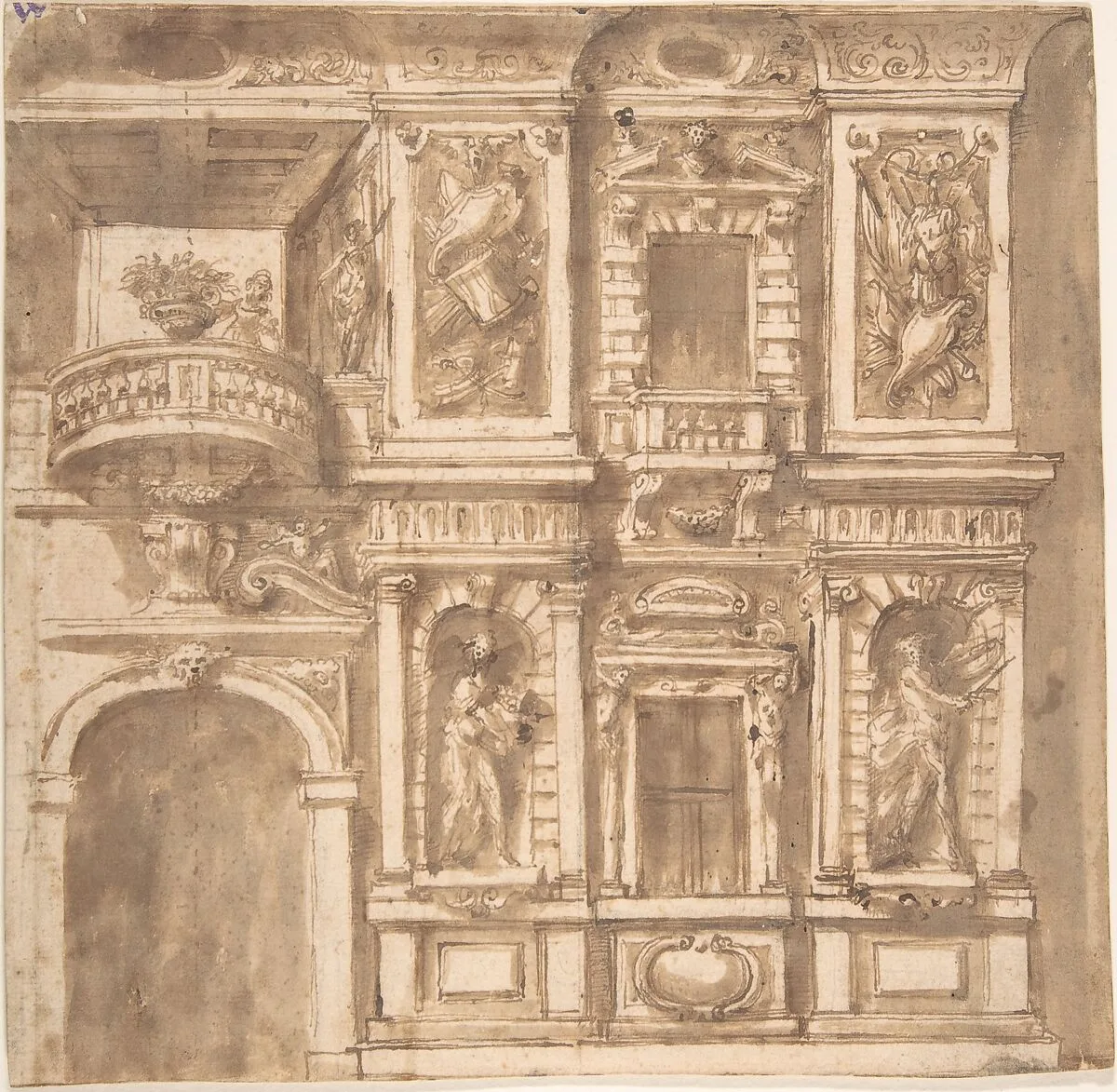 Design for a Facade with Statues in Niches and Armorial Trophies — Anonymous, Italian, 17th century